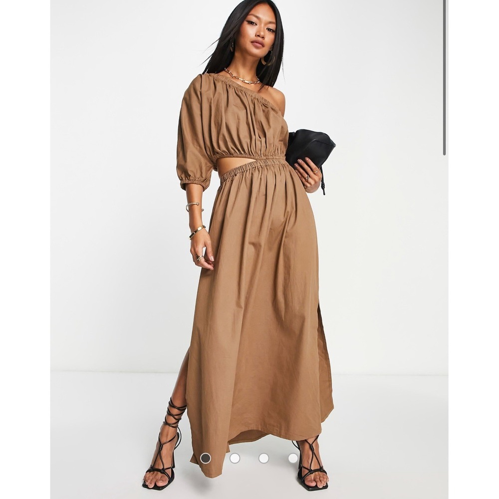 Pretty Lavish Asymmetric Cut Out Smock Midaxi Dress Brown NWT
